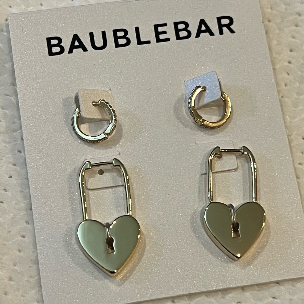 BaubleBar Natasha Gold Colored Heart Lock Hoop Earring Set Chic Trendy New